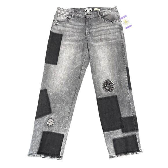 LOGO by Lori Goldstein Smiley World Womens 14 Patchwork Grey Wash Jeans Straight - Picture 11 of 16